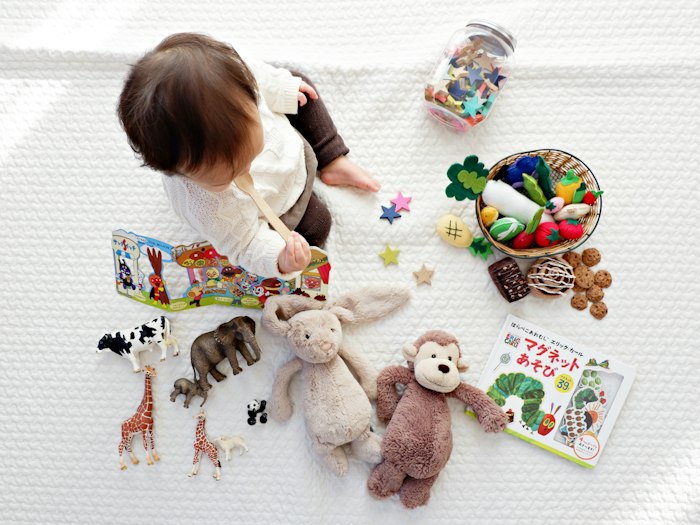 Vue de dessus : un jeune enfant assis sur un tissu blanc, entouré de peluches, d’animaux en bois et de livres