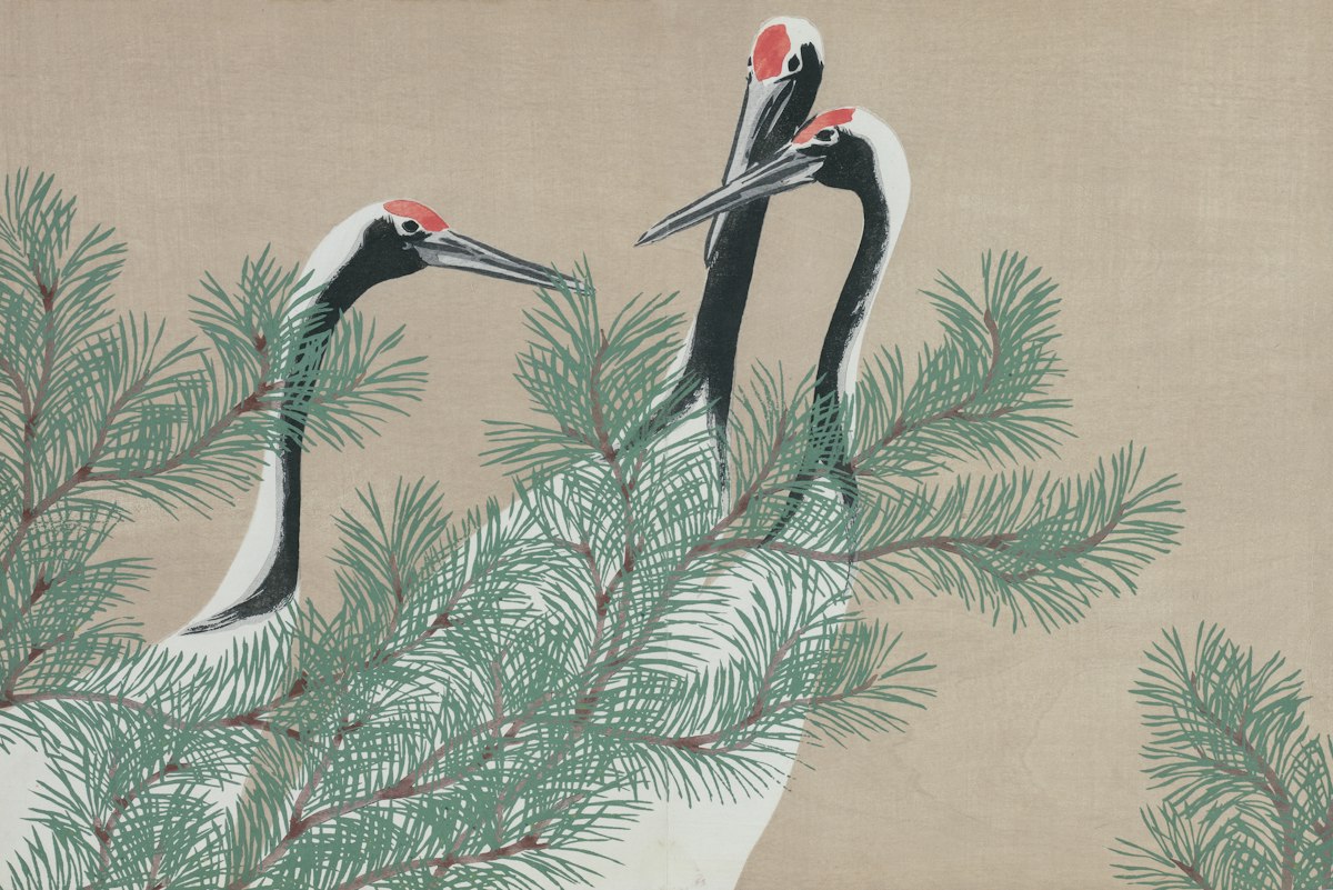 Deux grues parmi les pins, peinture traditionnelle