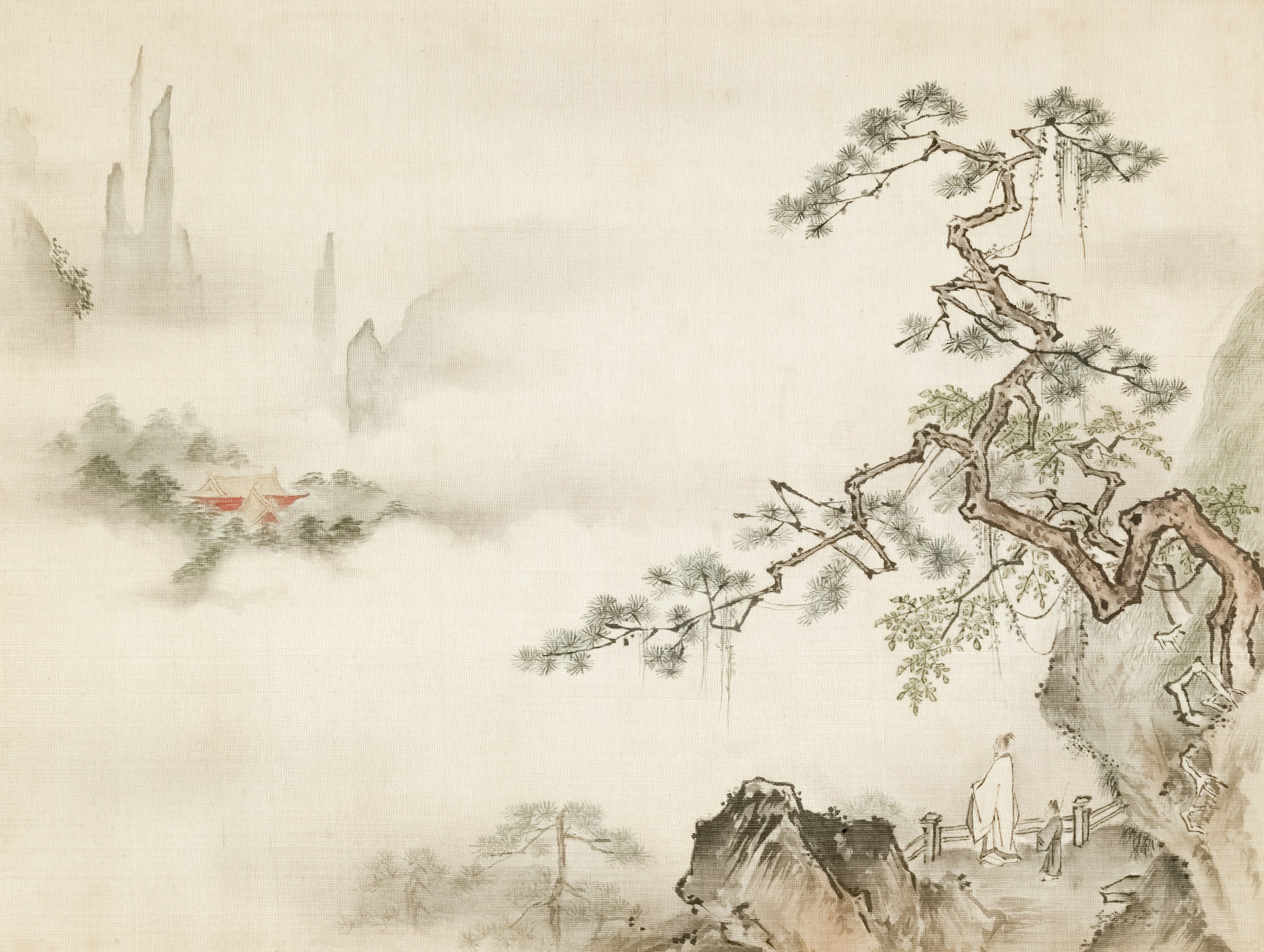 Peinture à l'encre de montagnes brumeuses et de pins