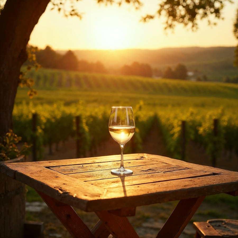 Verre de vin blanc sur une table face à un vignoble
